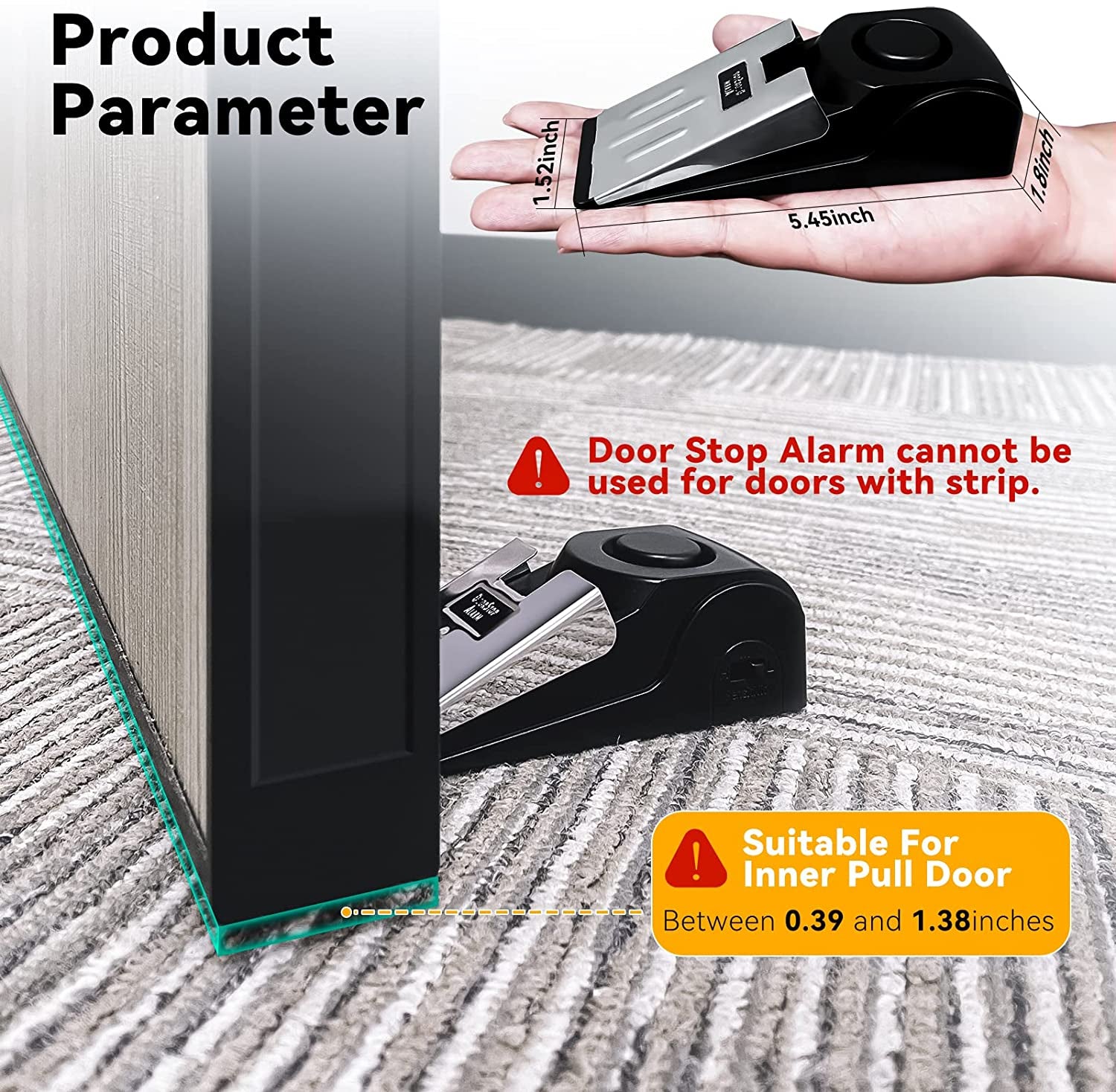 Door Stop Alarm with 120Db Siren, Rubber Security Door Wedge for Home, Hotel, Travel, Pack of 2